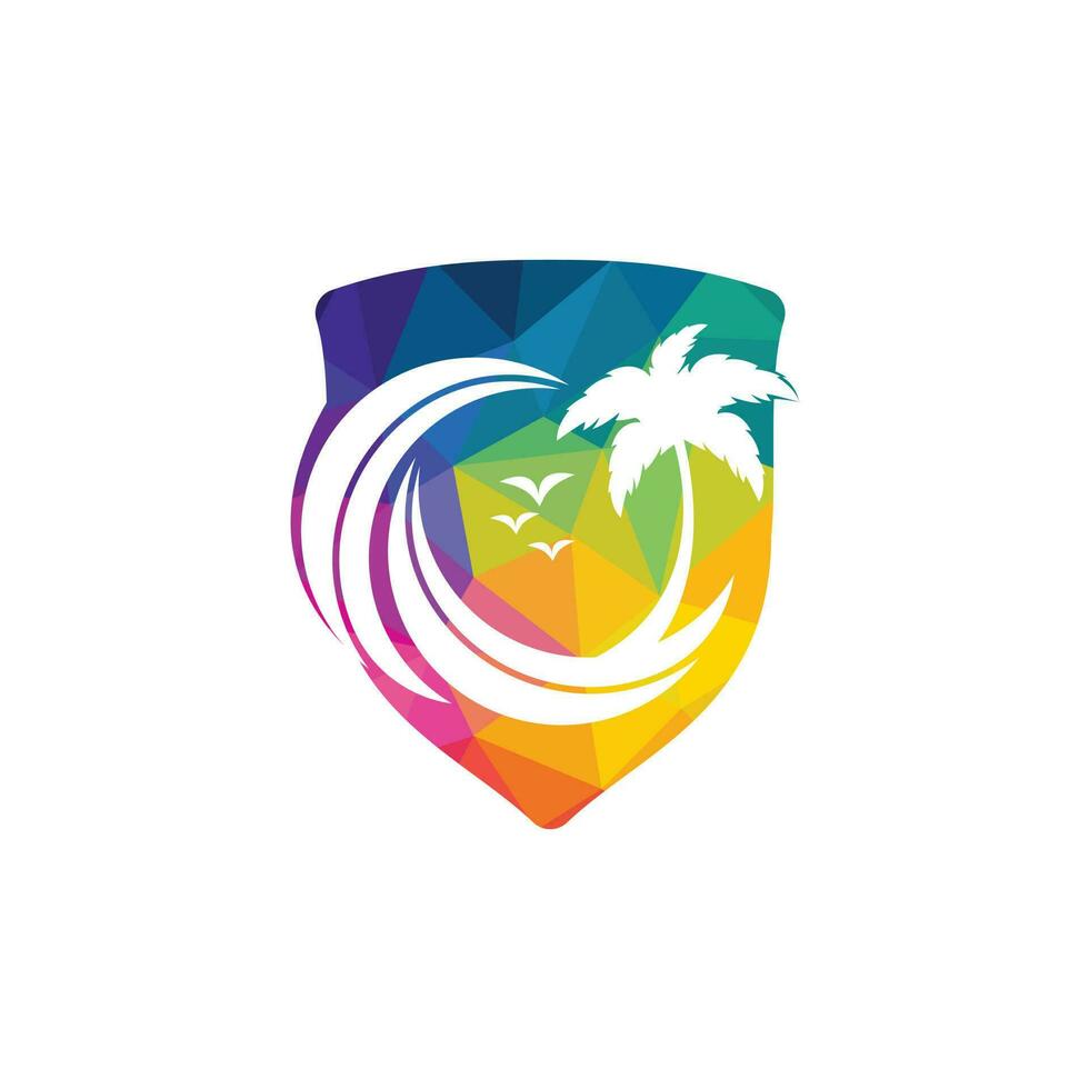 strand en palm boom vector logo. reizen en toerisme teken.