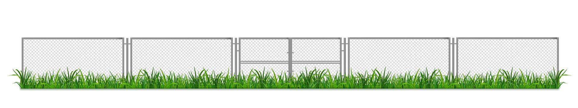draad hek met poorten Aan groen gras, keten koppeling vector