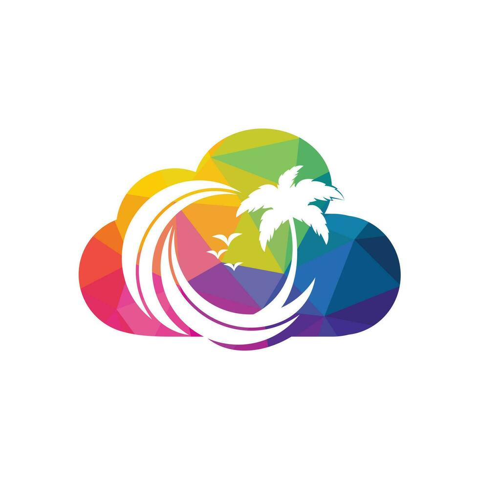 wolk strand en palm boom vector logo. reizen en toerisme teken.