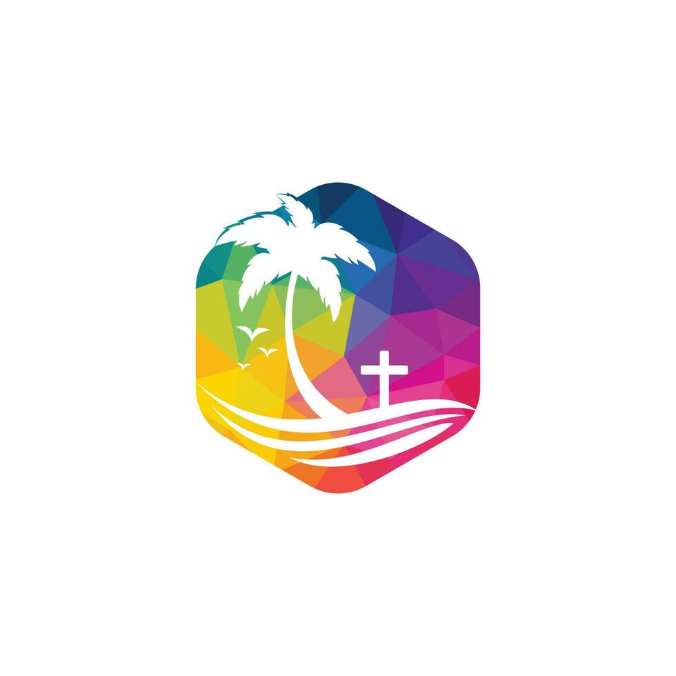 strand kerk logo ontwerp. christen kerk kruis strand vector logo ontwerp.