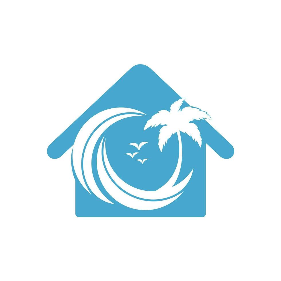 huis en de strand met zon en palm boom vector logo ontwerp.