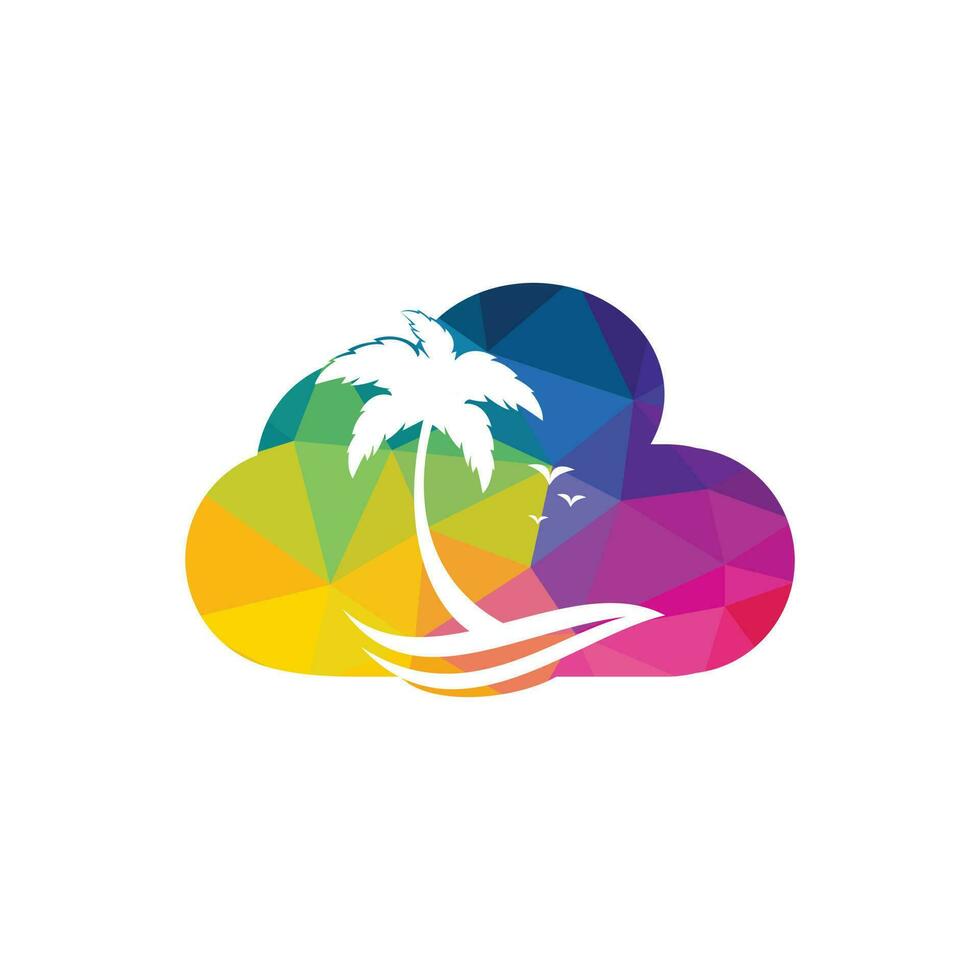 wolk strand en palm boom vector logo. reizen en toerisme teken.