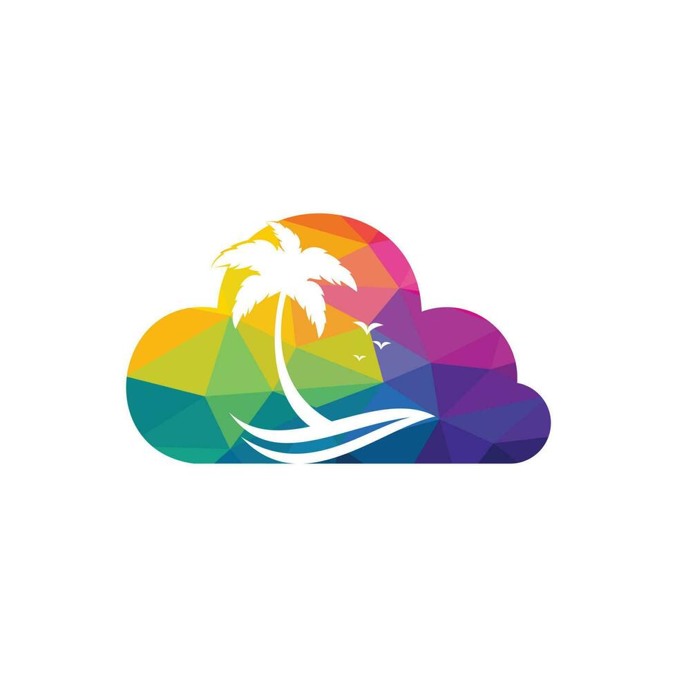 wolk strand en palm boom vector logo. reizen en toerisme teken.