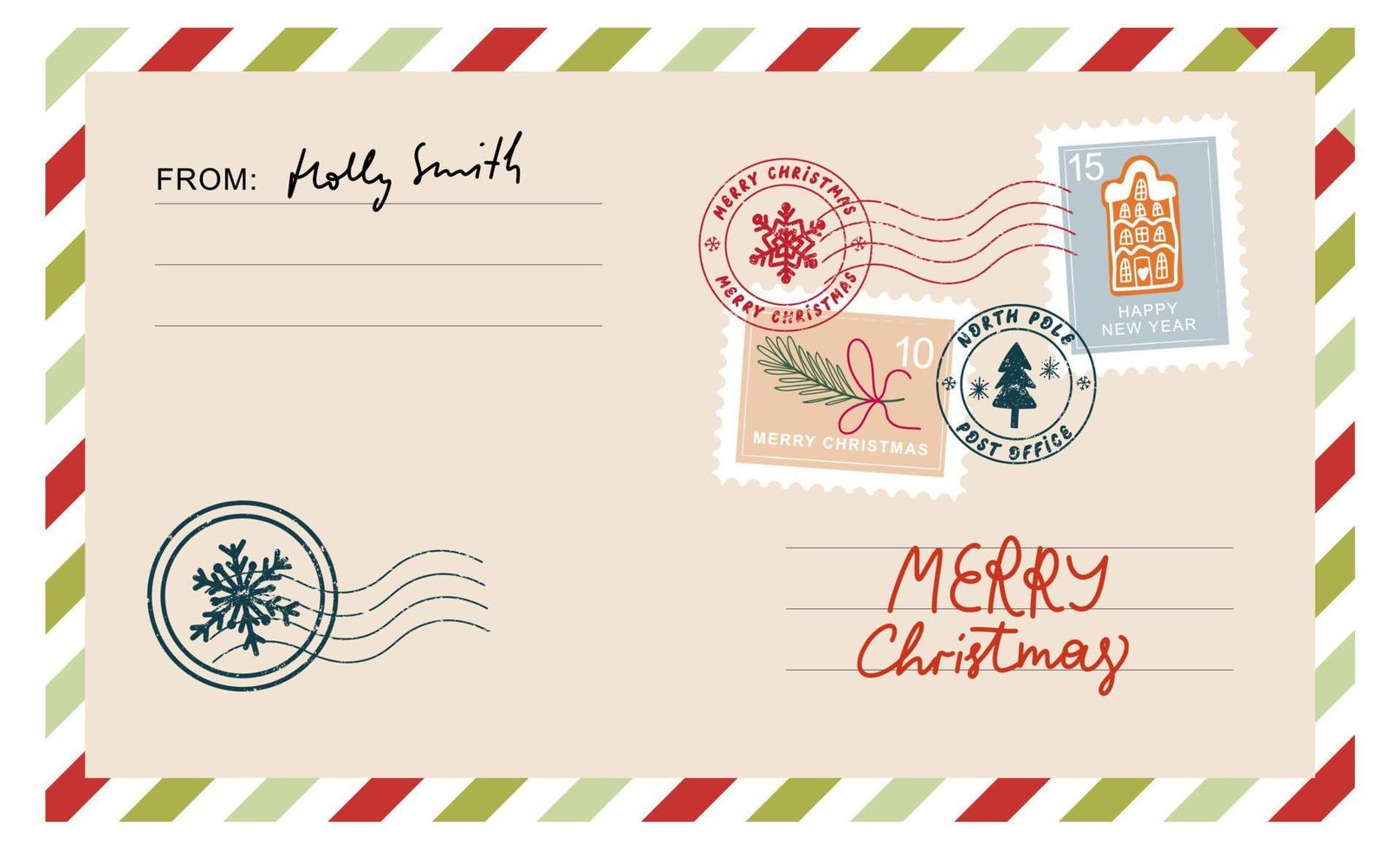 Kerstmis envelop met postzegels, zegels en inscripties vrolijk kerstmis.. vector
