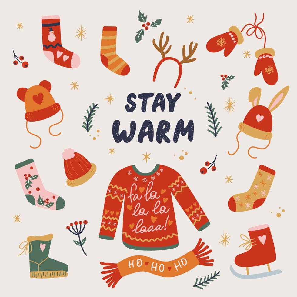 reeks van warm winter knuffelen Kerstmis kleren ontwerp. blijven warm teken. breien en winter mode, winter hoed, sokken, handschoen, laars, hert gewei, schaatsen, sjaal, hoed met konijn oren. vector