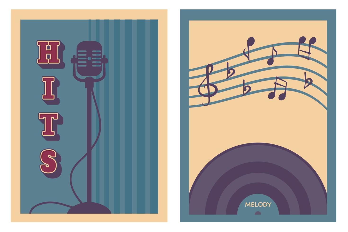 reeks van retro muziek- poster. wijnoogst achtergrond met musical schijf, microfoon, notities, belettering. vector