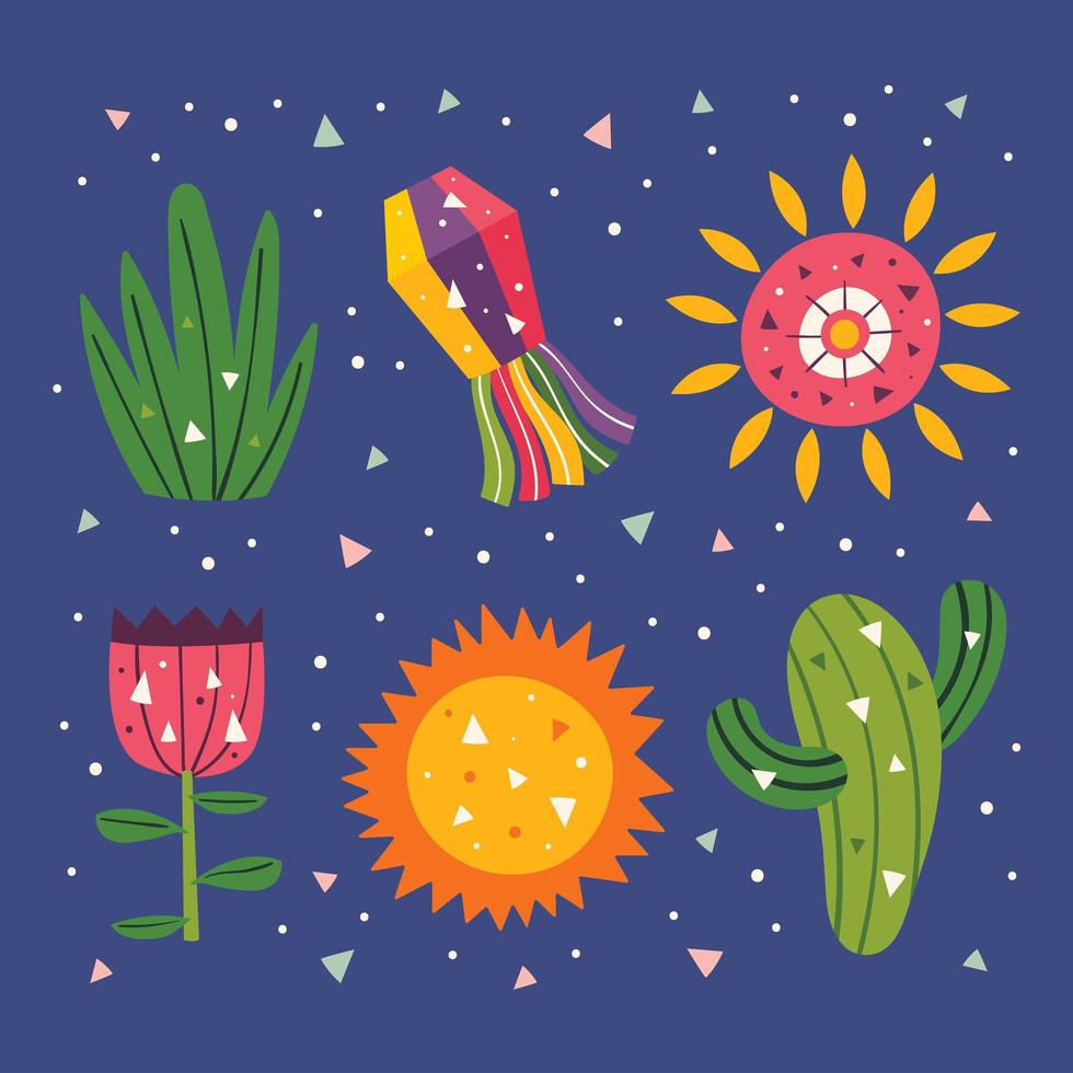 mexico schattige zon, decor, cactus, gras en bloem set vector