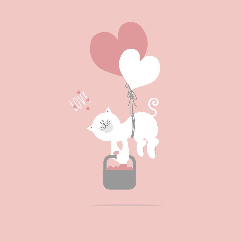 schattig en lief hand- getrokken kat en hart ballonnen, gelukkig Valentijnsdag dag, verjaardag, liefde concept, vlak vector illustratie tekenfilm karakter ontwerp geïsoleerd