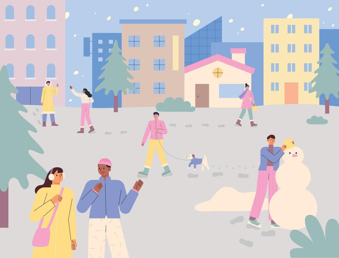besneeuwd stedelijk achtergrond. mensen zijn wandelen naar beneden de straat, maken sneeuwmannen en wandelen honden. vector