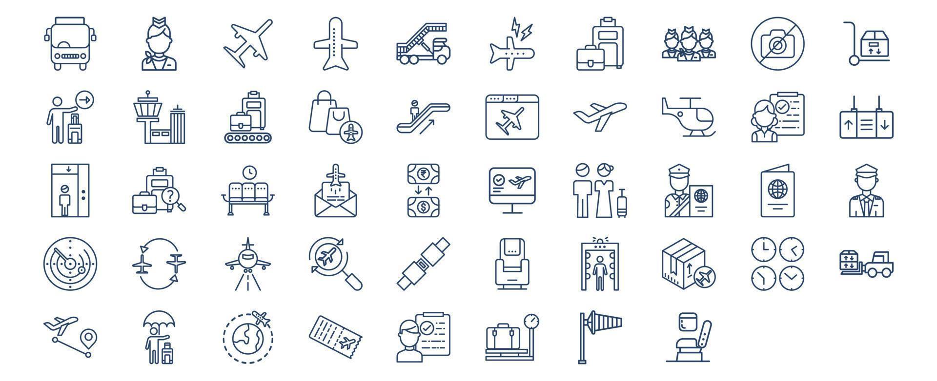 verzameling van pictogrammen verwant naar luchtvaart reizen en luchthaven, inclusief pictogrammen Leuk vinden lucht gastvrouw, vliegtuigen, bagage, plicht vrij, passagier en meer. vector illustraties, pixel perfect reeks