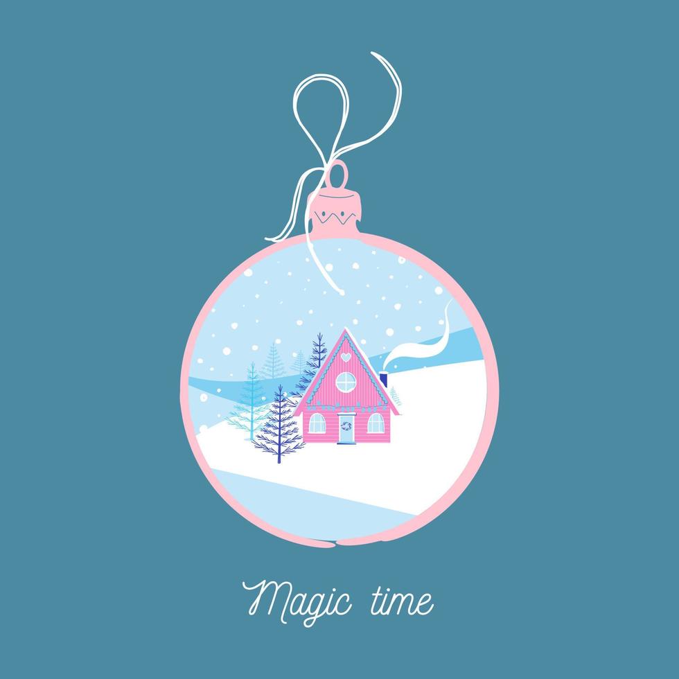 vector illustratie van Kerstmis bal met winter landschap. fantastisch Woud huis, sneeuwbanken en sparren. mooi zo voor groet kaarten en textiel afdrukken.
