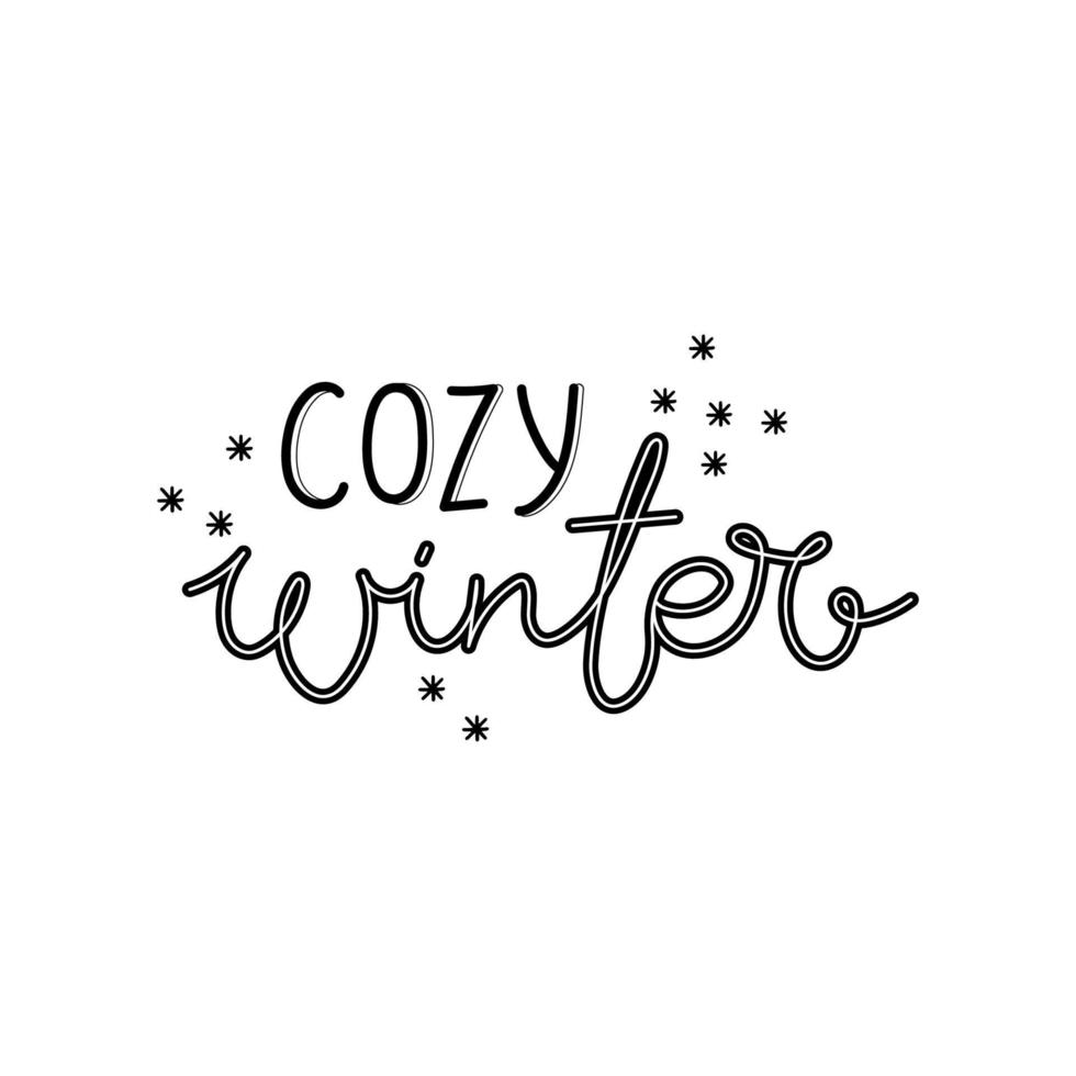 opschrift knus winter met sneeuwvlokken. zwart citaat Aan een wit achtergrond. belettering voor groet kaart, t-shirt, banier, poster en meer. vector