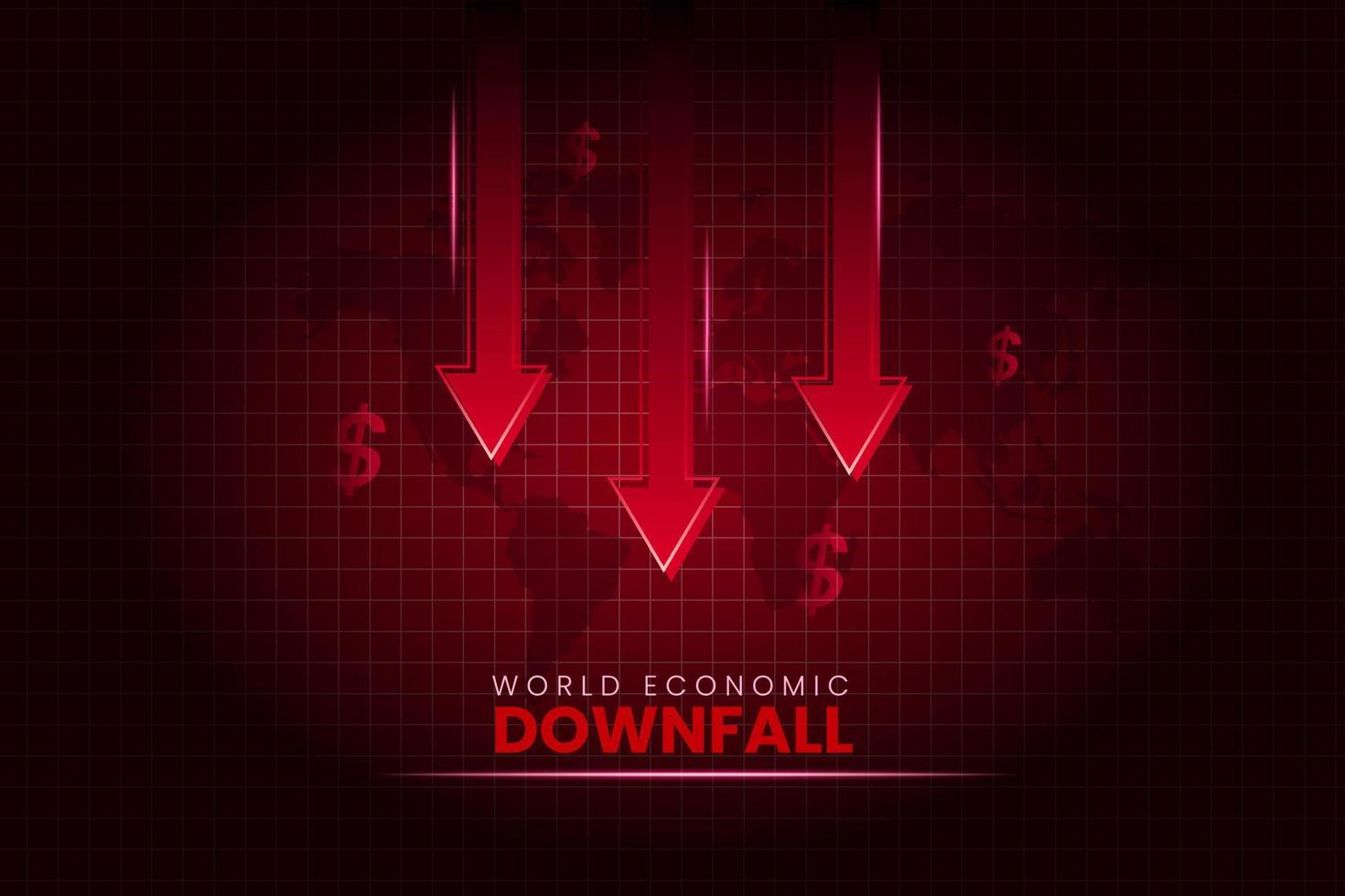 wereld economisch ondergang rood achtergrond met vallend pijl en wereld kaart. vector