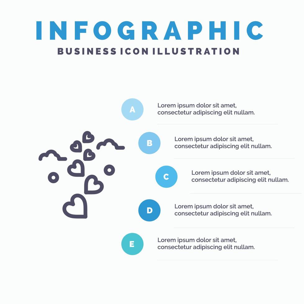 harten liefde liefhebbend bruiloft lijn icoon met 5 stappen presentatie infographics achtergrond vector