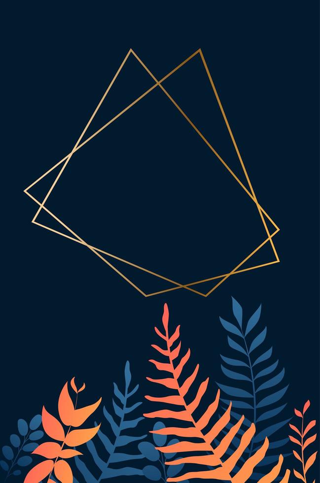 geometrisch gouden frame over blauwe en oranje bladeren vector
