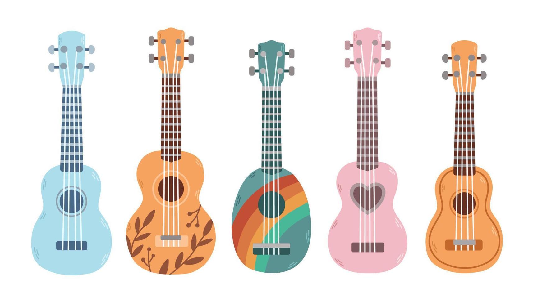 reeks van ukulele in verschillend kleuren en maten. populair muziek- instrument. vector illustratie