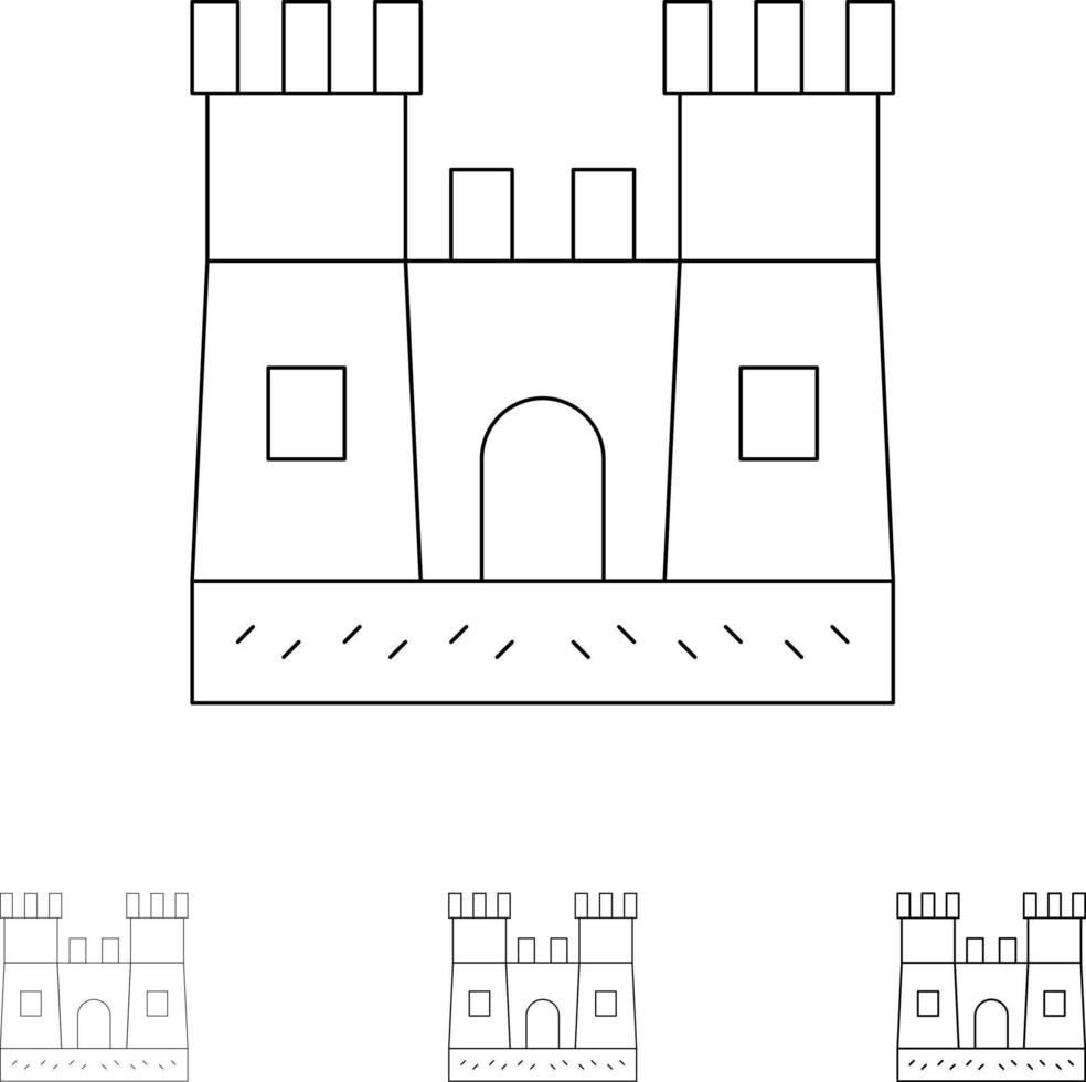 strand kasteel zand kasteel stoutmoedig en dun zwart lijn icoon reeks vector