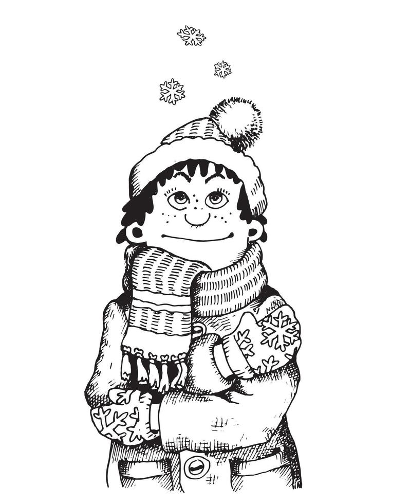 bevroren jongen in winter kleren. tekenfilm illustratie. vector