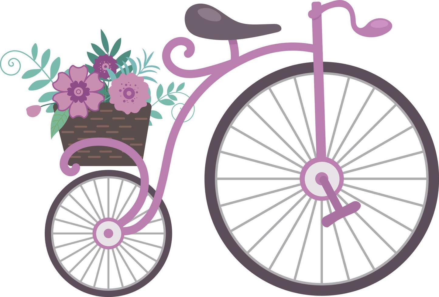 retro wijnoogst roze fiets met een mand van bloemen, tekenfilm vlak stijl illustratie vector