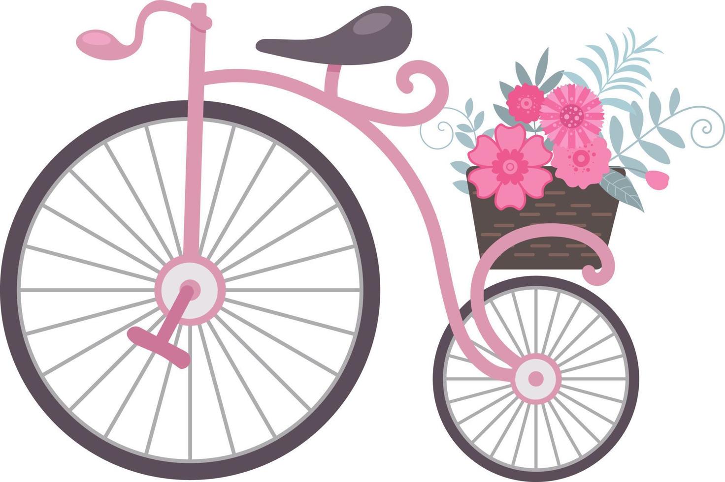 retro wijnoogst roze fiets met een mand van bloemen, tekenfilm vlak stijl illustratie vector