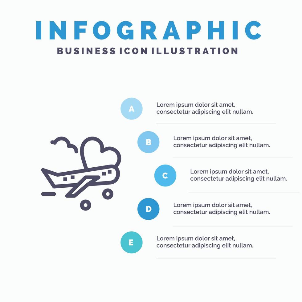 vlieg vliegtuig vlak luchthaven lijn icoon met 5 stappen presentatie infographics achtergrond vector