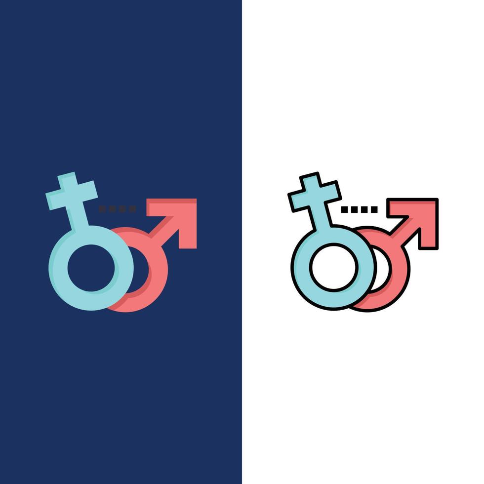 geslacht mannetje vrouw symbool pictogrammen vlak en lijn gevulde icoon reeks vector blauw achtergrond