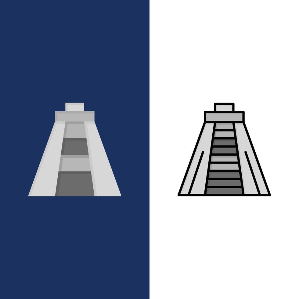 chichen itza mijlpaal monument pictogrammen vlak en lijn gevulde icoon reeks vector blauw achtergrond