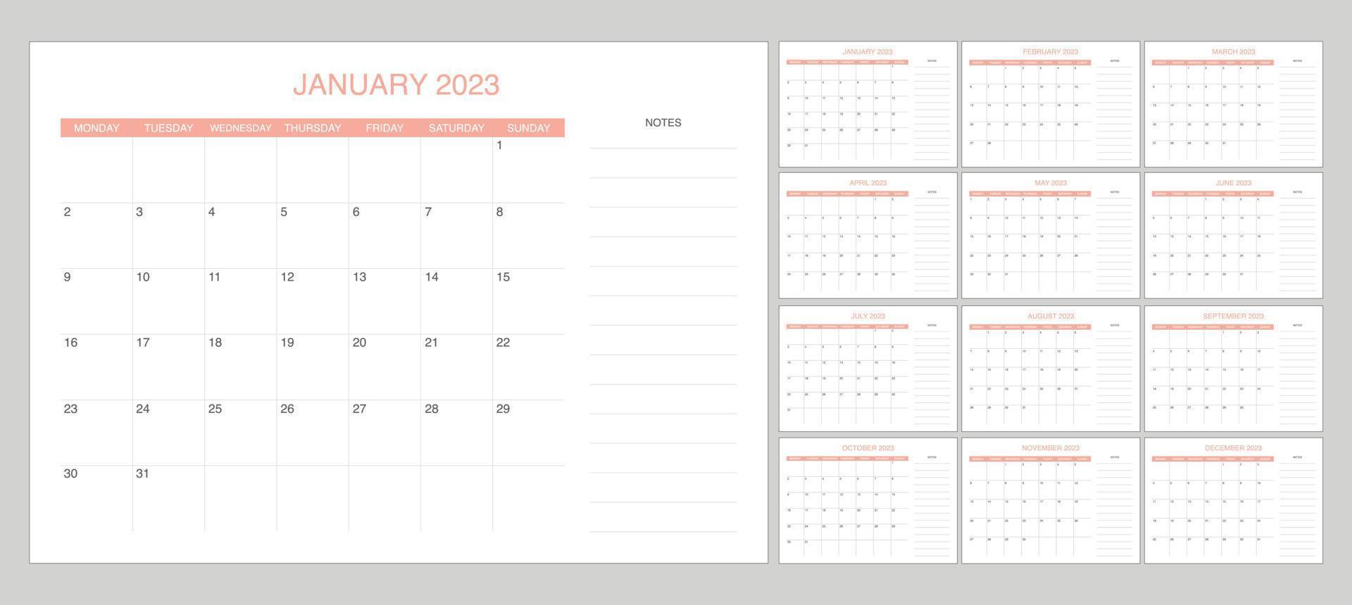 reeks kalender 2023 met roze kleur vector