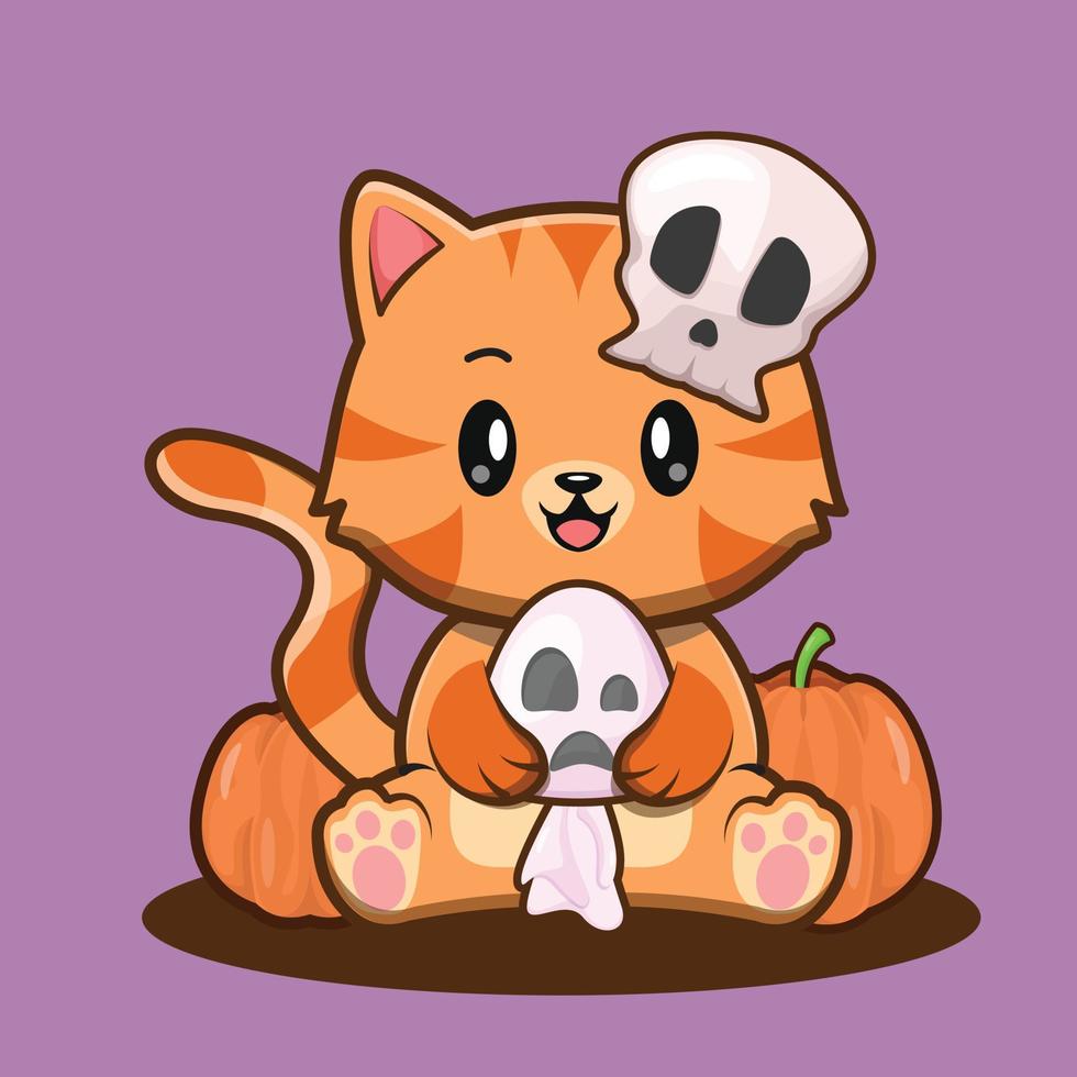 schattig halloween kat houden geest pop en vervelend schedel hoed illustratie vector