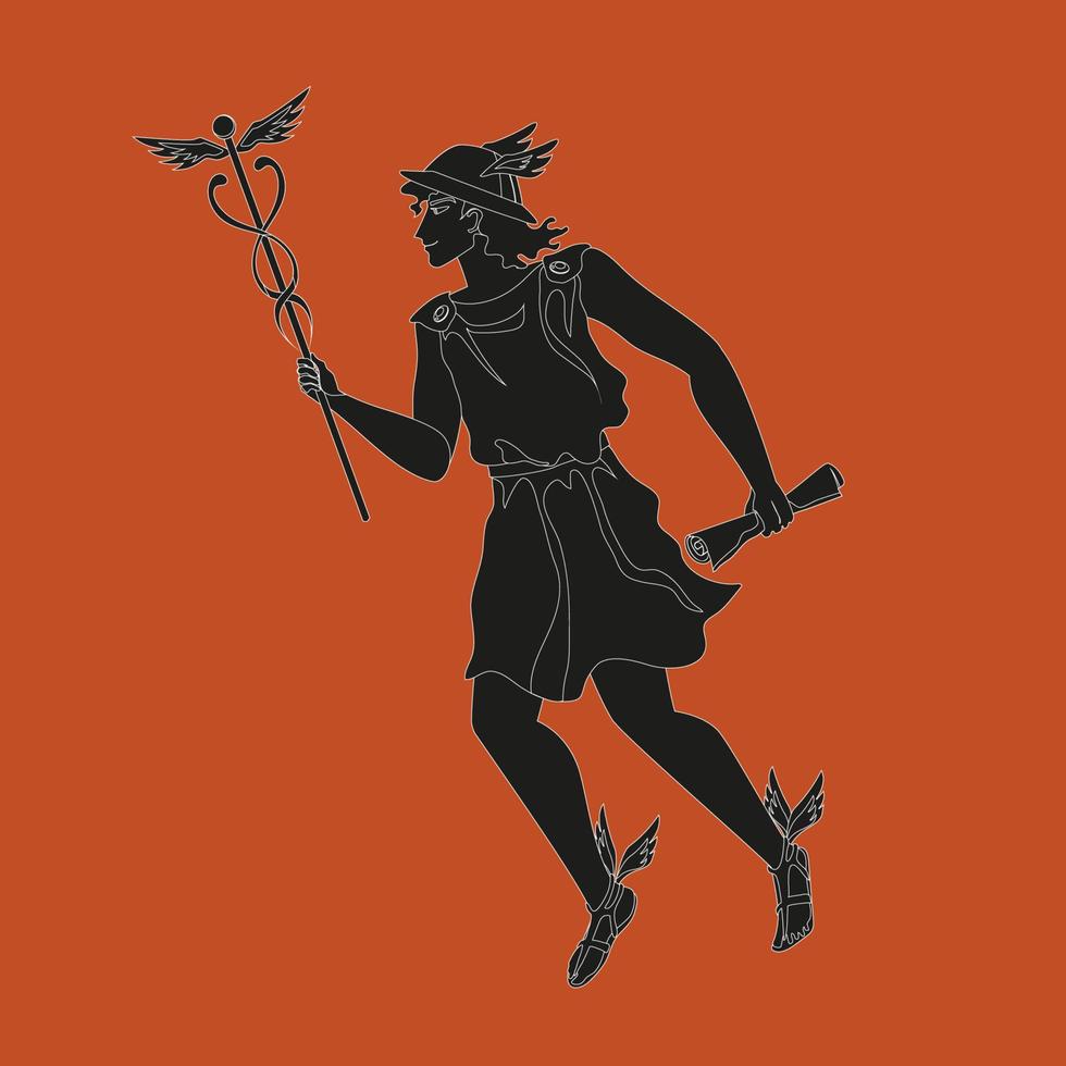 Hermes, kwik, Grieks of Romeins god van handel. amfora pottenbakkerij stijl zwart silhouet met wit schets vector