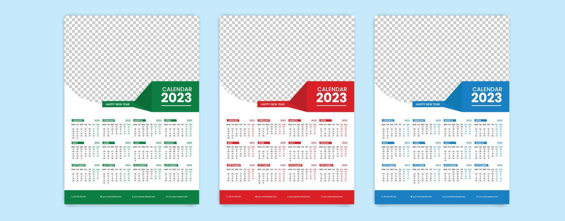muur kalender 2023 sjabloon ontwerp vector, drie Pagina's muur kalender 2023 sjabloon vector