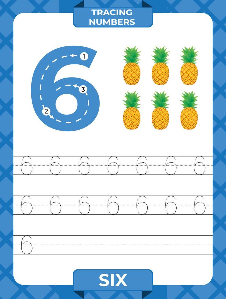 aantal 6 spoor, werkblad voor aan het leren nummers, kinderen aan het leren materiaal, kinderen werkzaamheid bladzijde vector