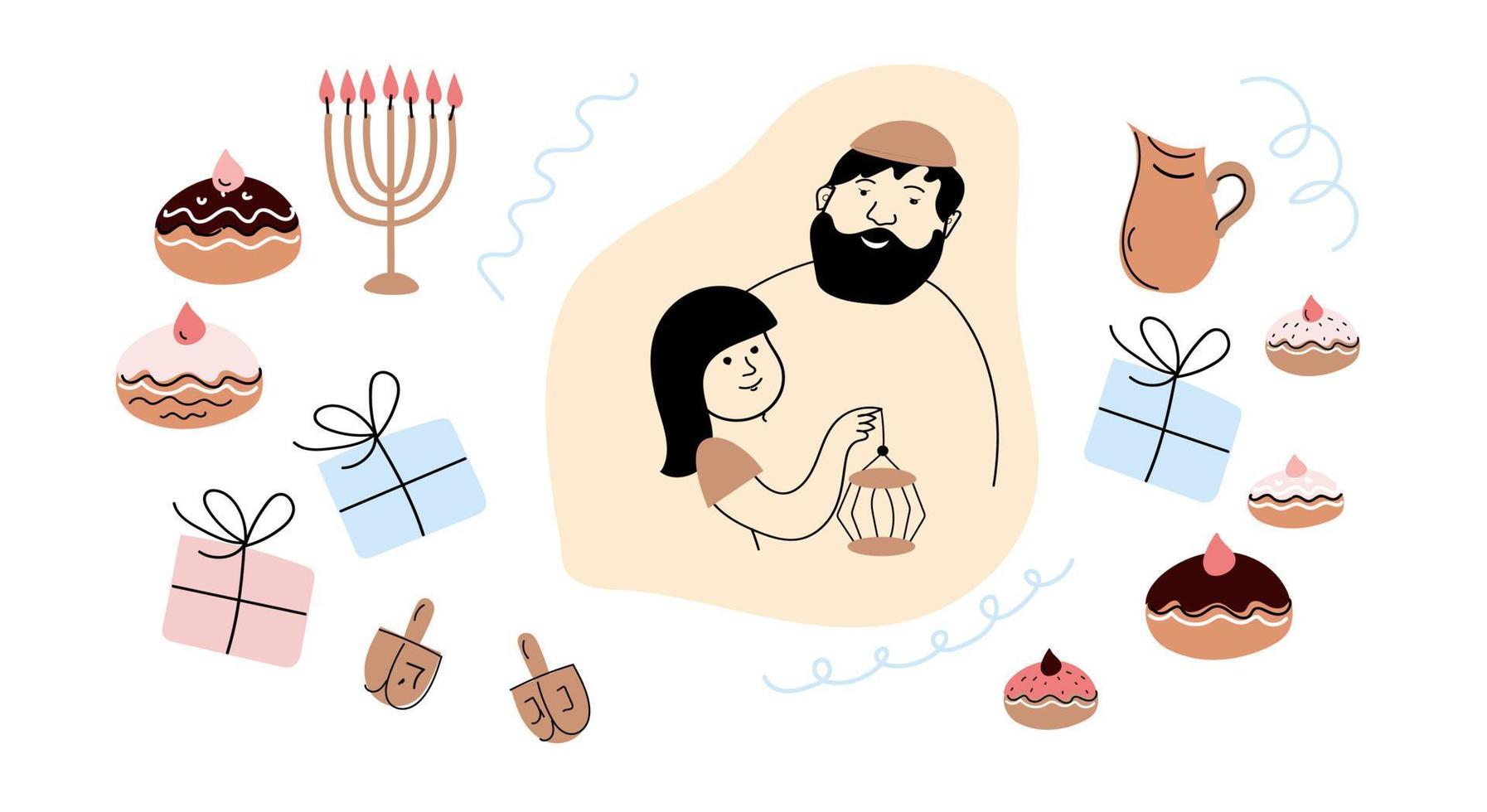 Chanoeka vector tekening set, Israël gelukkig groet Chanoeka kaarten elementen.religieus partij decor.