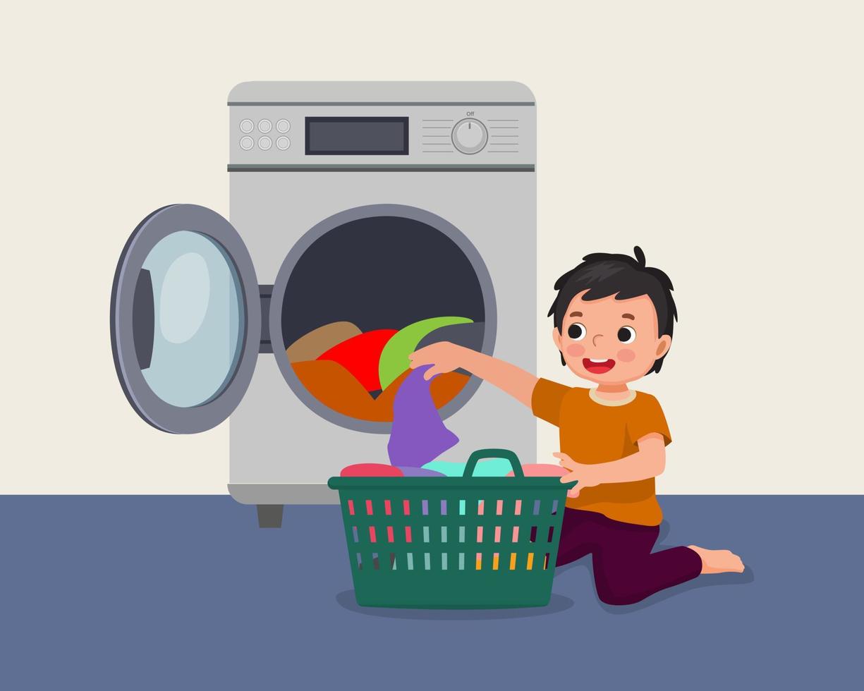schattig weinig jongen aan het doen wasserij met het wassen machine helpen mam net zo dagelijks routine- klusjes werkzaamheid vector