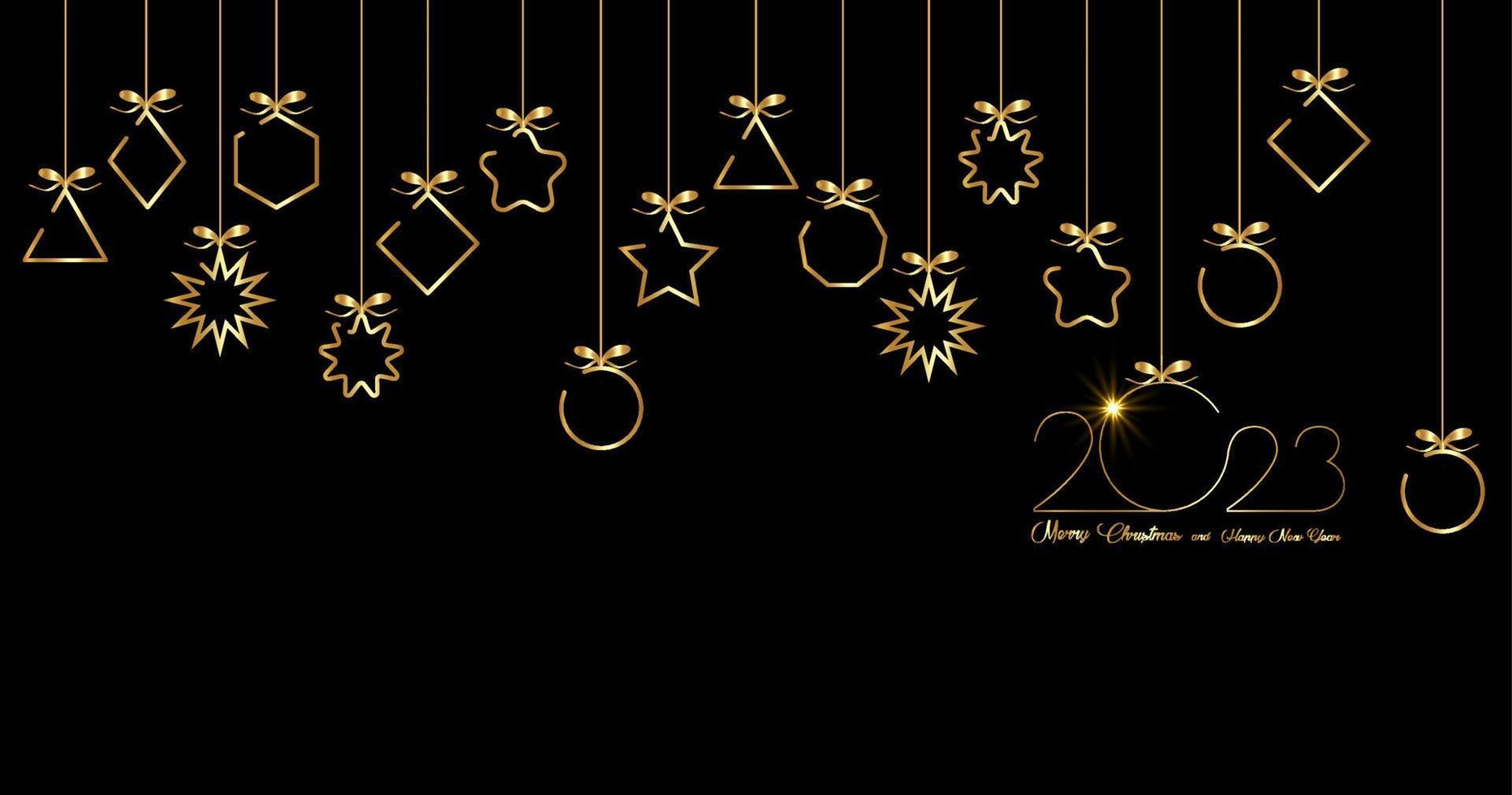 banier 2023 gelukkig nieuw jaar, goud Kerstmis ballen geïsoleerd Aan zwart achtergrond, lijn elementen voor kalender en groeten kaart of Kerstmis themed winter vakantie uitnodigingen met meetkundig decoraties vector