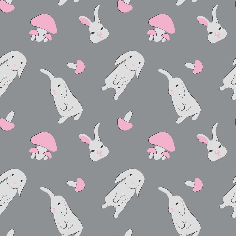 naadloos patroon met schattig wit konijn en roze champignons vector