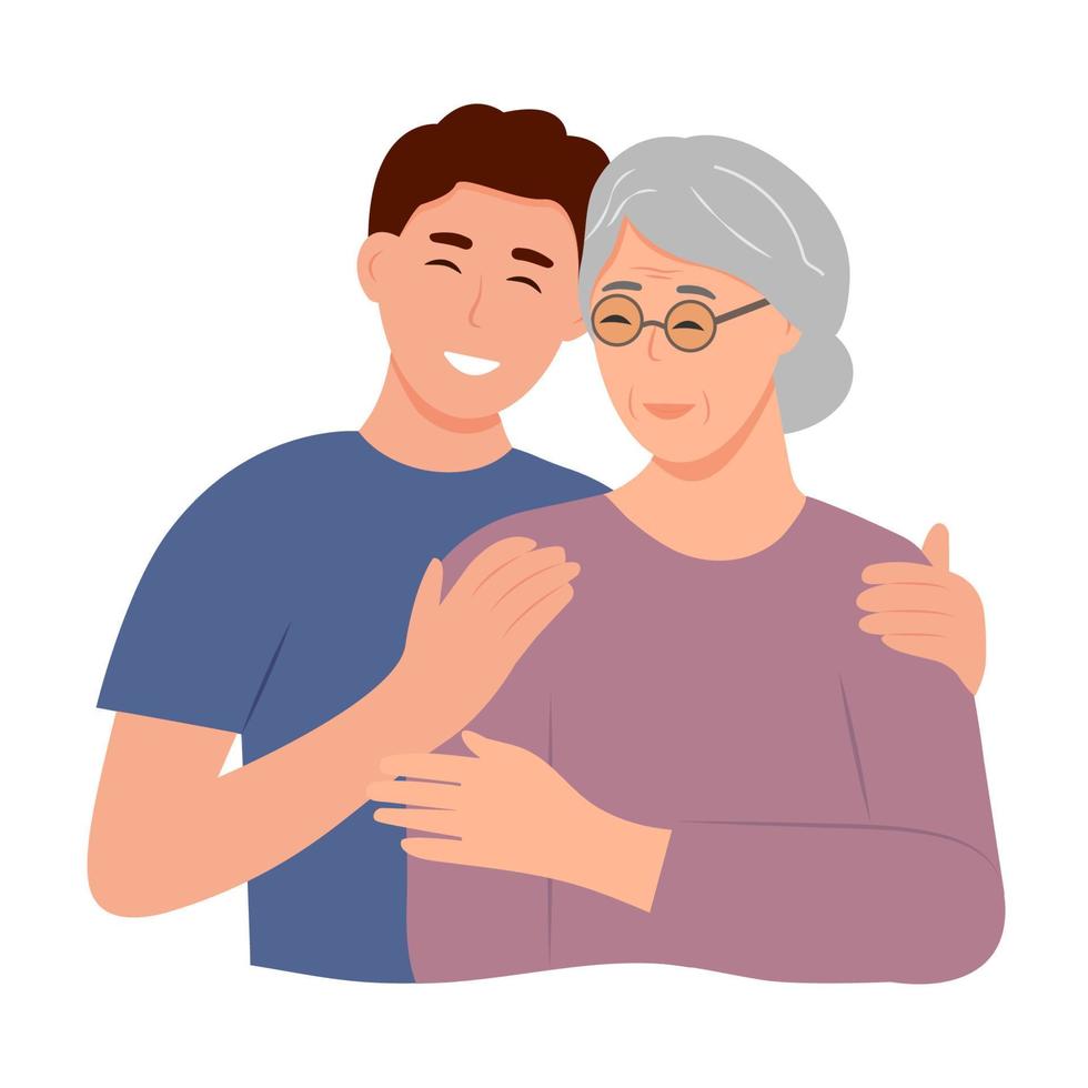 gelukkig jong Mens knuffelen haar oud moeder met liefde. moeder en zoon. moeders dag .portret van jong Mens knuffelen haar oma. vriendelijk familie relatie. vector vlak illustratie