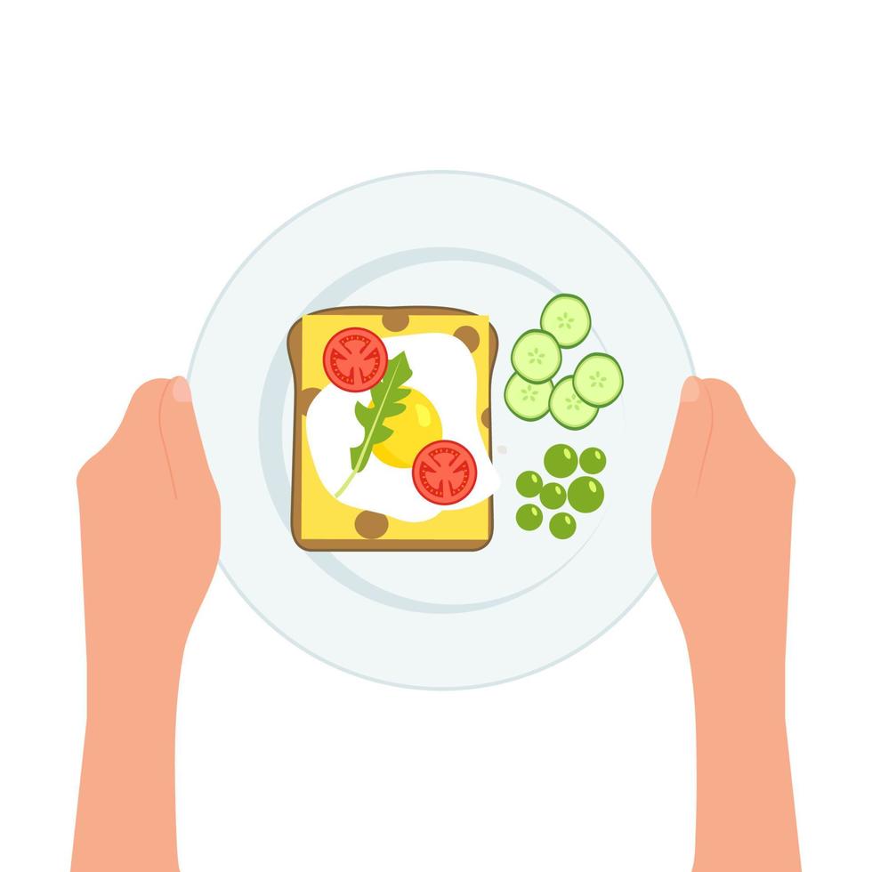 handen Holding bord met eieren, broodje, tomaten, komkommers, rucola Aan een bord voor ontbijt of lunch. gezond voedsel. vector illustratie geïsoleerd Aan een wit achtergrond