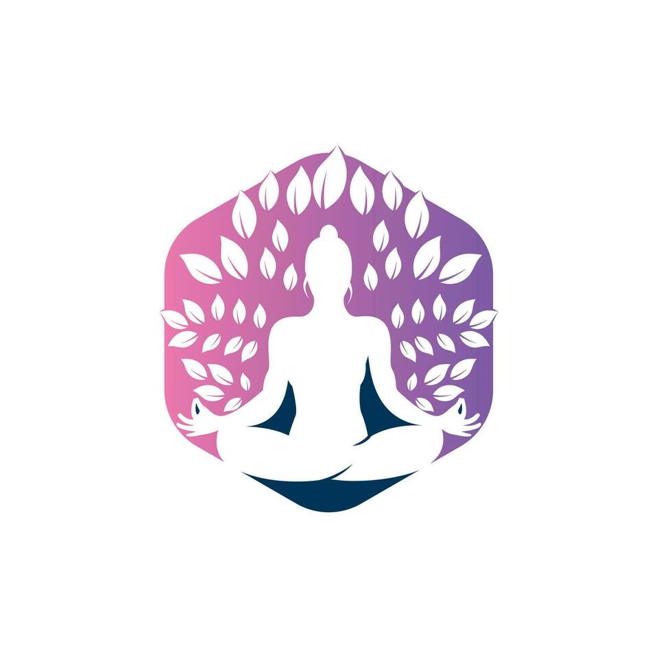 groen bladeren omgeving jong vrouw in yoga houding, vector logo sjabloon.