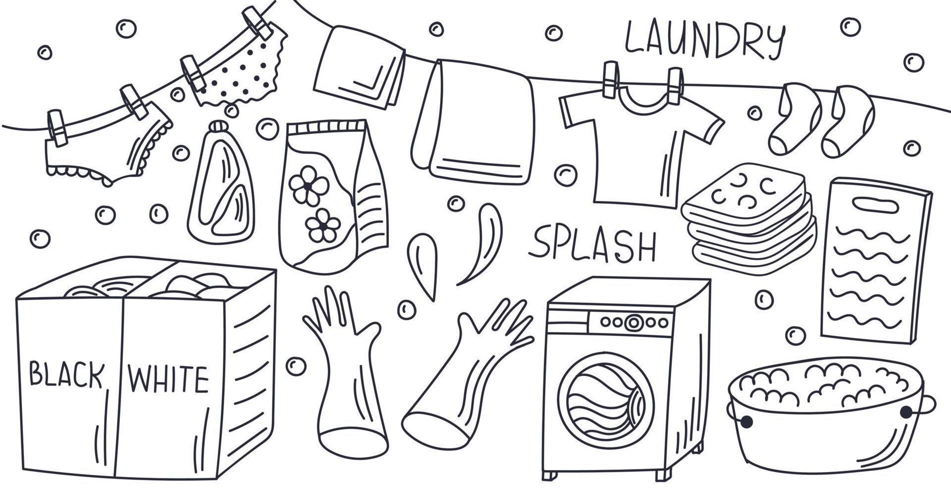 wasserij items tekening set. het wassen machine, het wassen poeder, bord en ander, geïsoleerd vector illustratie.