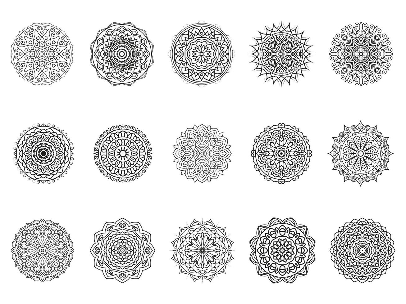 15 mandala circulaire patroon ontwerp reeks voor henna, mehndi, tatoeëren, decoratie. decoratief ornament in etnisch oosters stijl. kleur boek bladzijde bundel vector