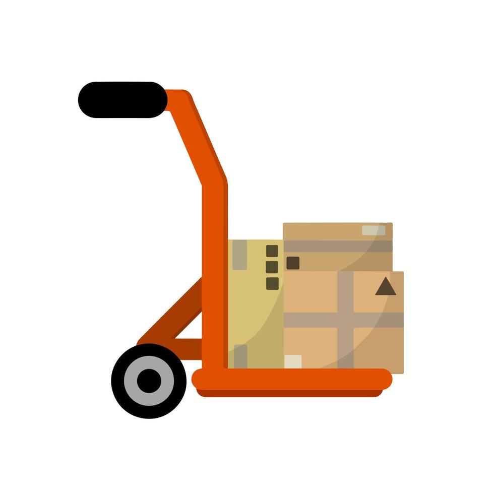 handkar met doos. Verzending onderhoud en kar. handkar met lading. levering van goederen. magazijn en logistiek. vlak tekenfilm illustratie vector
