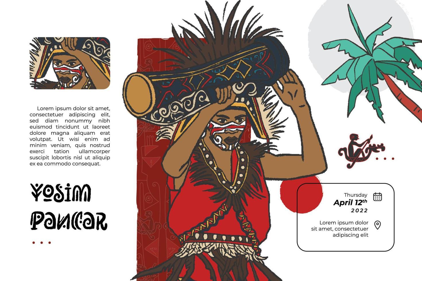 Papoea- yosim pancar dans illustratie voor sociaal media post hand- getrokken Indonesisch culturen achtergrond vector