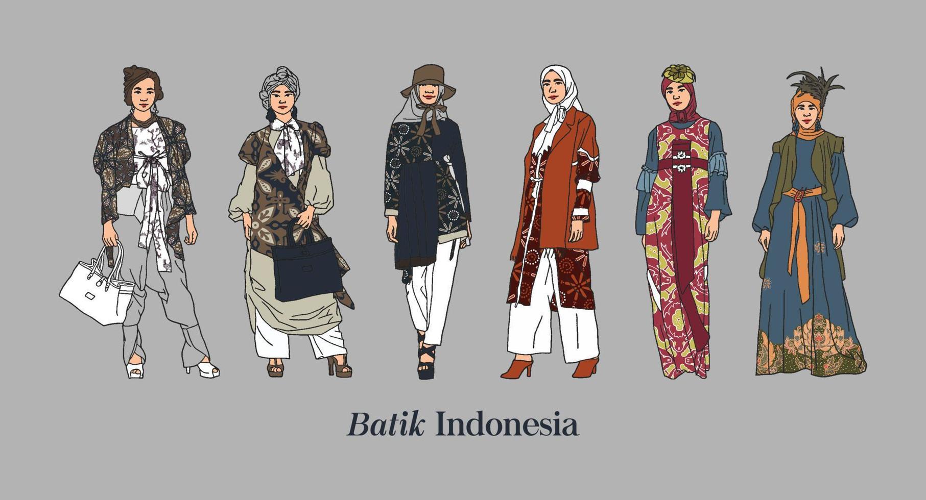 geïsoleerd vrouw hijab mode tonen hand- getrokken vector illustratie. modellen gekleed in Indonesisch cultuur Aan wit achtergrond. top model- vervelend batik kleding.