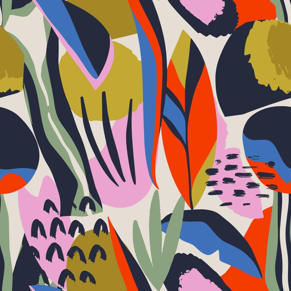 abstract hedendaags naadloos patroon met handgetekende vormen, vlekken, stippen en lijnen met texturen. levendige boho-print. moderne collage vectorillustratie vector
