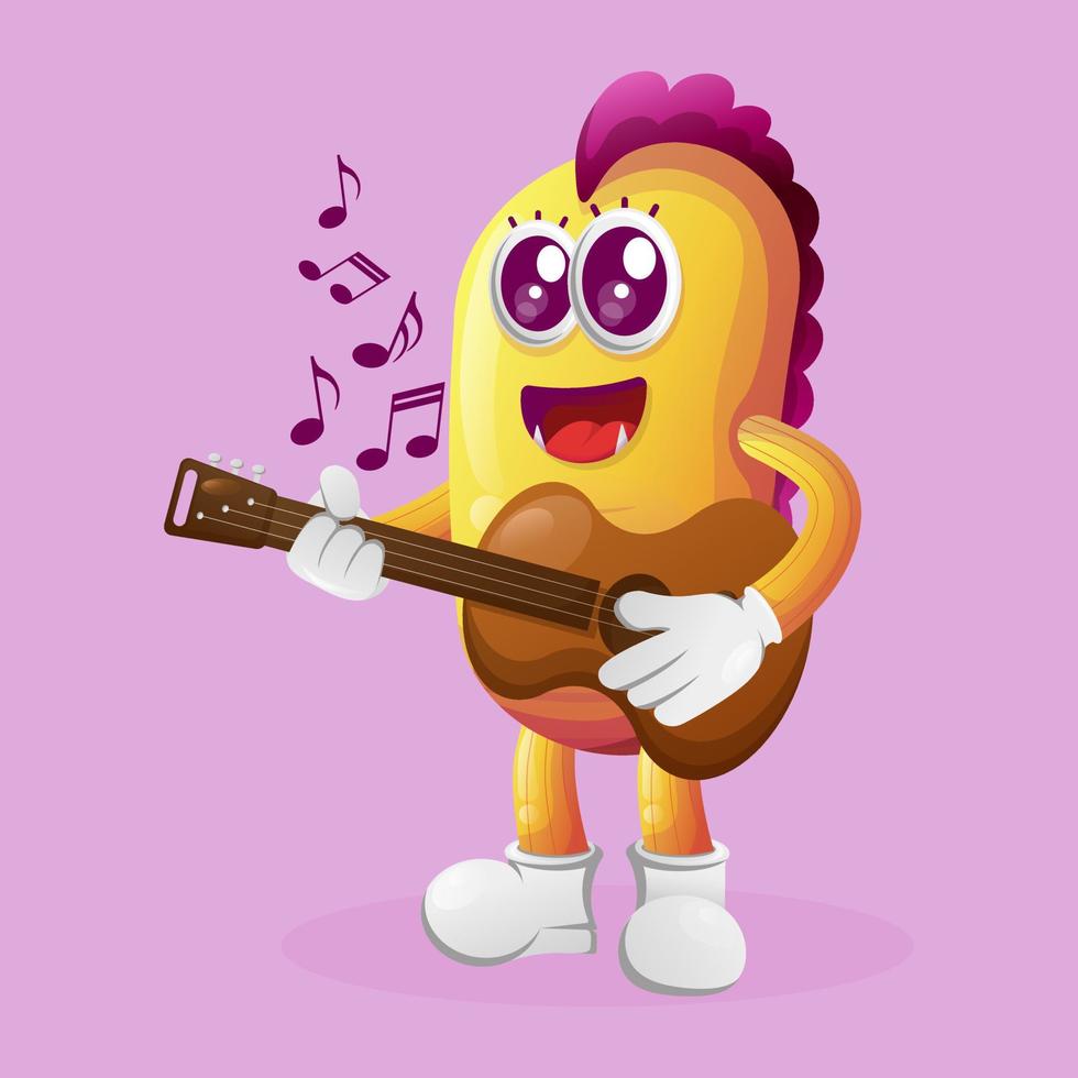 schattig geel monster spelen gitaar vector