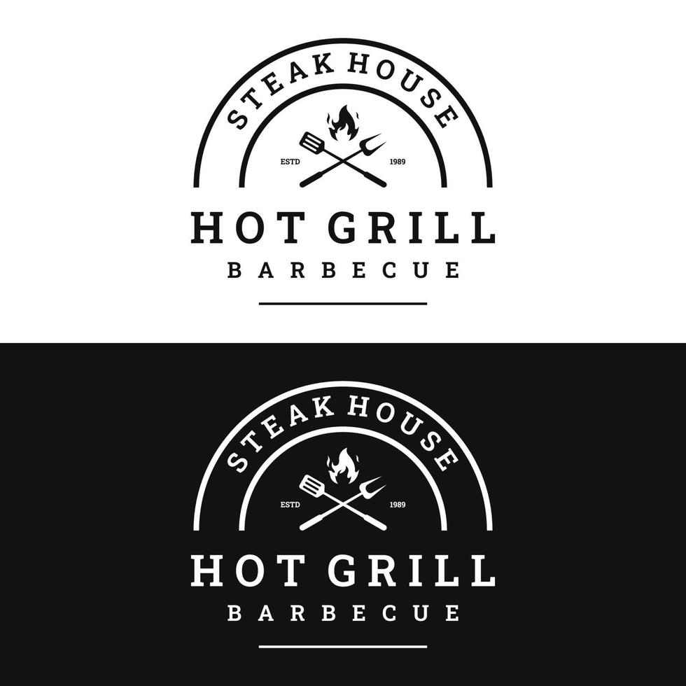 gegrild barbecue typografie logo ontwerp met gekruiste brand en spatula.logos voor restaurants, cafés en bars. vector