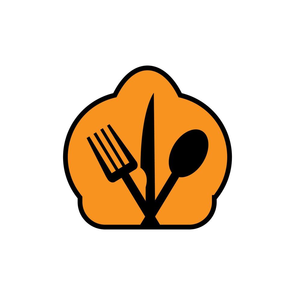 vork, lepel en mes in licht bruin chef hoed icoon logo vector
