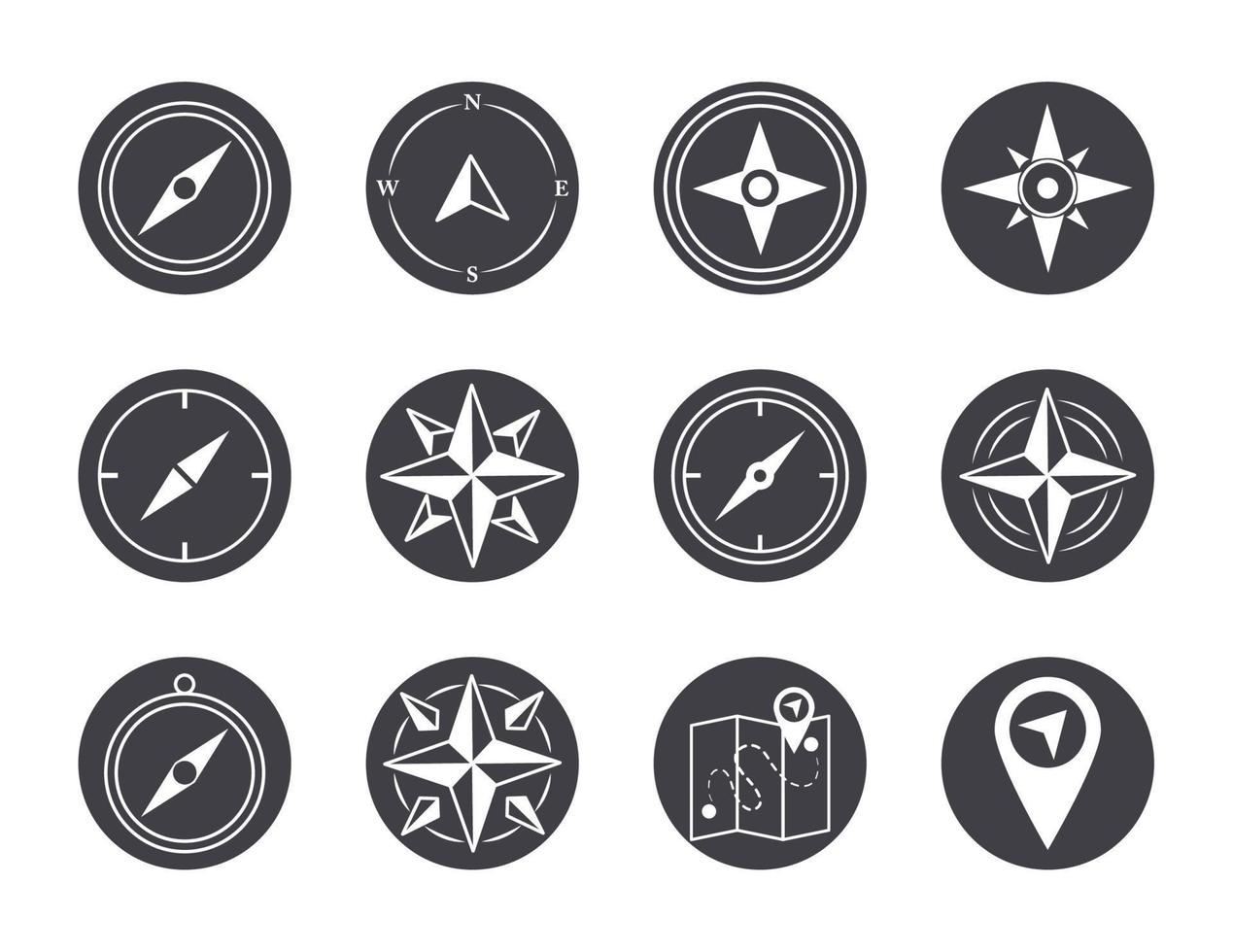 kompas roos navigatie cartografie reizen onderzoeken uitrusting pictogrammen reeks silhouet ontwerp icoon vector