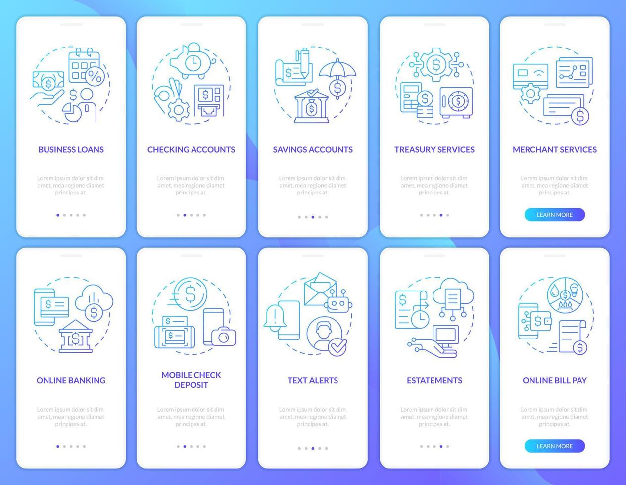 bedrijf bank en digitalisering blauw helling onboarding mobiel app scherm set. walkthrough 5 stappen grafisch instructies met lineair concepten. ui, ux, gui sjabloon. vector